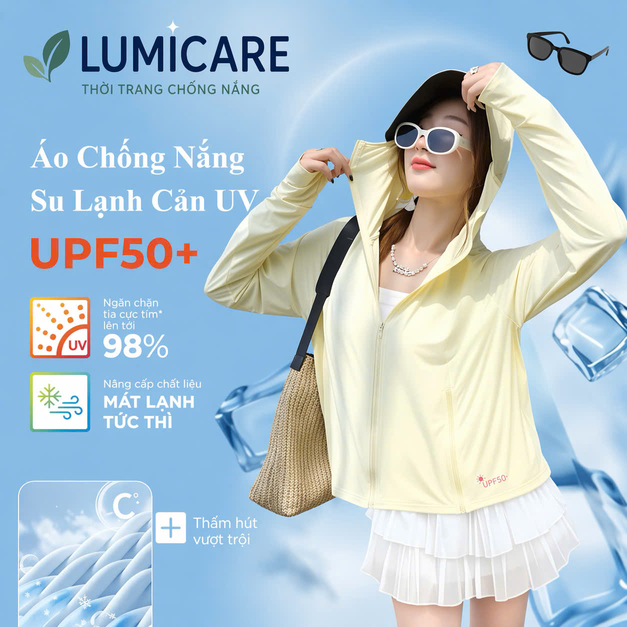 Áo chống nắng Lumicare UPF 50+ giúp chống tia UV hiệu quả, chất liệu su lạnh thoáng mát, thiết kế hiện đại phù hợp cho mọi hoạt động ngoài trời.