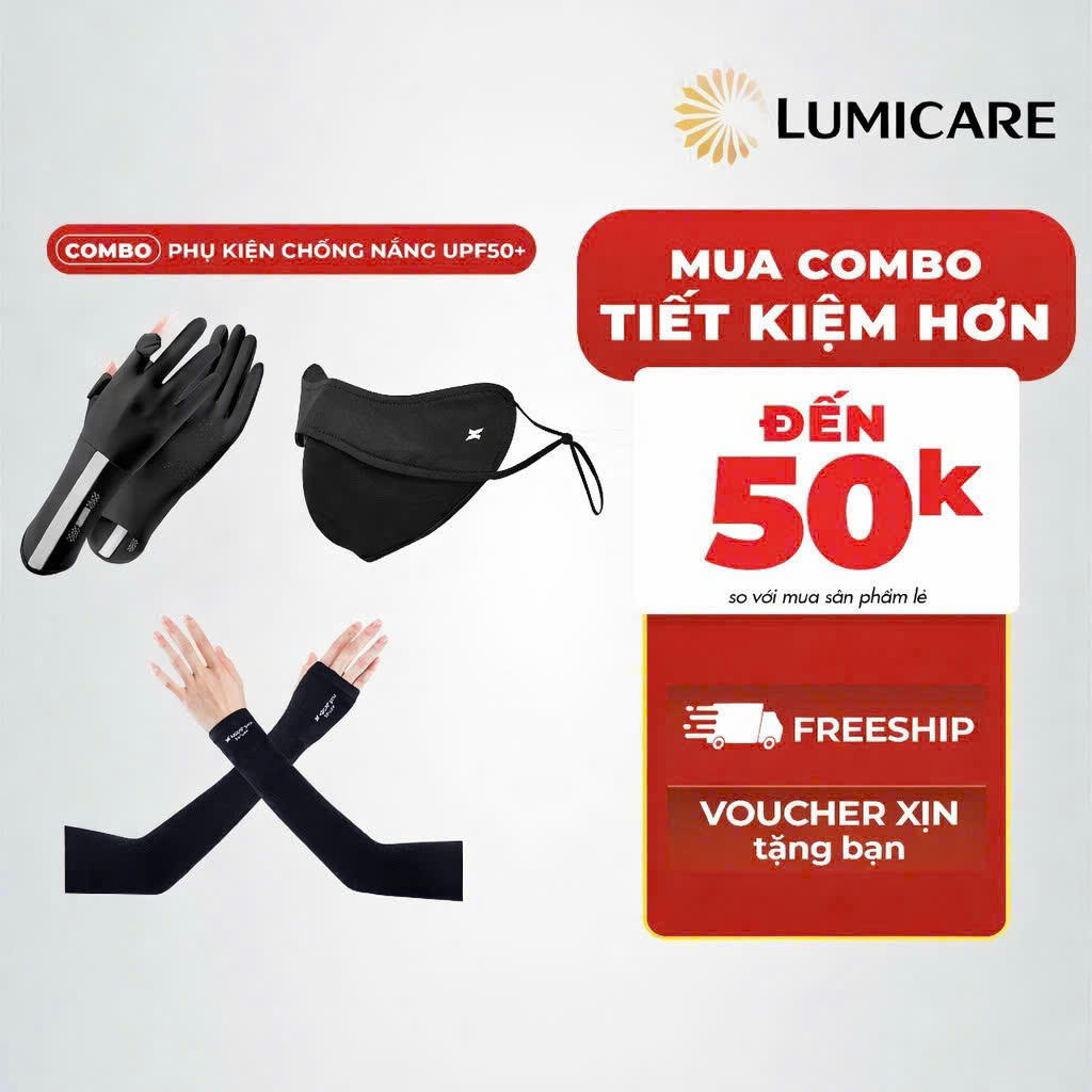 Găng Tay Chống Nắng Lumicare Chính Hãng, Chống UV Hiệu Quả Găng tay chống nắng Lumicare là phụ kiện bảo vệ da tay hiệu quả trước tác hại của tia UV, giúp hạn chế sạm nám và lão hóa da khi ra ngoài. Với chất liệu mềm mại, thoáng khí và co giãn tốt, sản phẩm mang lại cảm giác thoải mái khi lái xe, đi học, đi làm hay hoạt động ngoài trời. Thiết kế ôm tay hiện đại, chống nắng toàn diện nhưng vẫn dễ dàng cử động và sử dụng điện thoại. Găng tay chống nắng Lumicare phù hợp cho cả nam và nữ, là lựa chọn lý tưởng giúp bảo vệ làn da mỗi ngày.