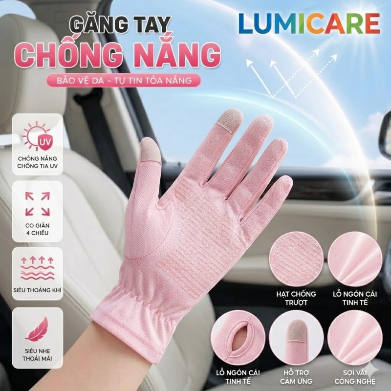Găng tay chống nắng thun lạnh cao cấp Lumicare giúp bảo vệ da, chống tia UV và co giãn 4 chiều thoải mái.
